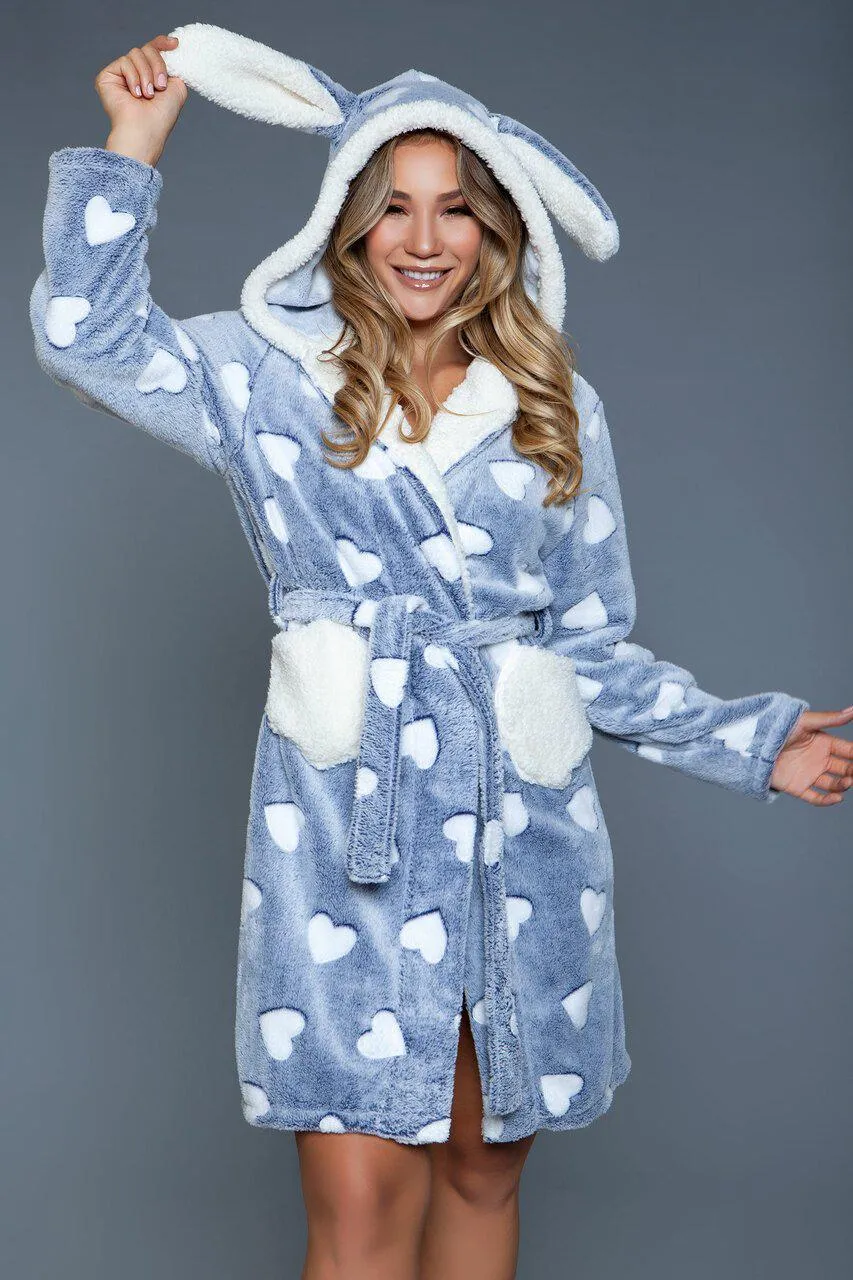Heart Print Hooded Flannel Robe