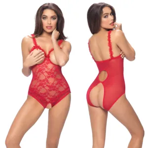 Lace Open Cup & Crotchless Teddy Red O/S